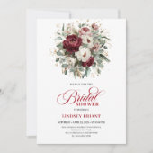 Elegant Deep Red Floral Bridal Shower Invitation 招待状 (正面)