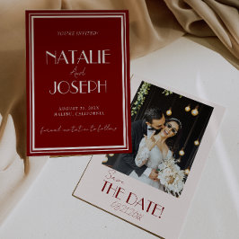 Elegant Deep Red Ivory Old Money Photo Wedding セーブザデート