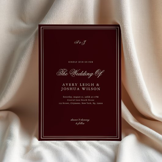 Elegant Deep Red Monogram Old Money Wedding 招待状