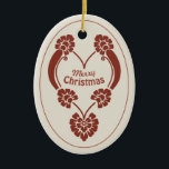 Elegant deep red ornamental Christmas heart CC1069 セラミックオーナメント<br><div class="desc">Oval Christmas ornament featuring an elegant retro style heart, deeply red against a background of ivory. As the heart picture is transparent the ivory background can be changed to any color that you like. There is also a customizable Christmas greeting on the ornament (front side) and the possibility to add...</div>