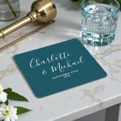 Elegant Deep Teal Script Minimalist Wedding スクエアペーパーコースター