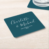 Elegant Deep Teal Script Minimalist Wedding スクエアペーパーコースター (アングル)