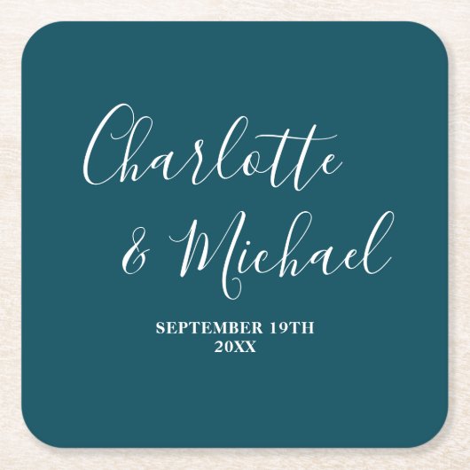 Elegant Deep Teal Script Minimalist Wedding スクエアペーパーコースター (正面)