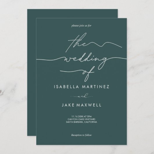 Elegant Deep Teal & White Modern Script Wedding  招待状 (正面/裏面)