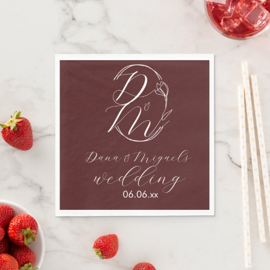 Elegant Delicate Floral Wedding Logo Deep Burgundy スタンダードランチョンナプキン (インサイチュ)