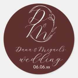 Elegant Delicate Floral Wedding Logo Deep Burgundy ラウンドシール