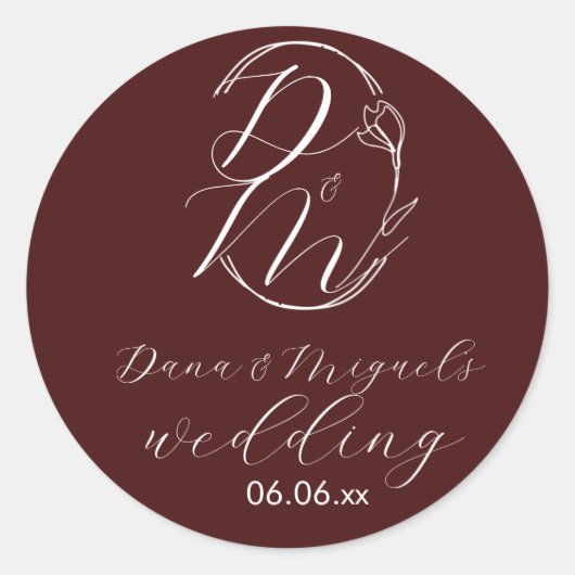 Elegant Delicate Floral Wedding Logo Deep Burgundy ラウンドシール (正面)