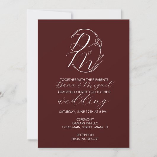 Elegant Delicate Floral Wedding Logo Deep Burgundy 招待状 (正面)