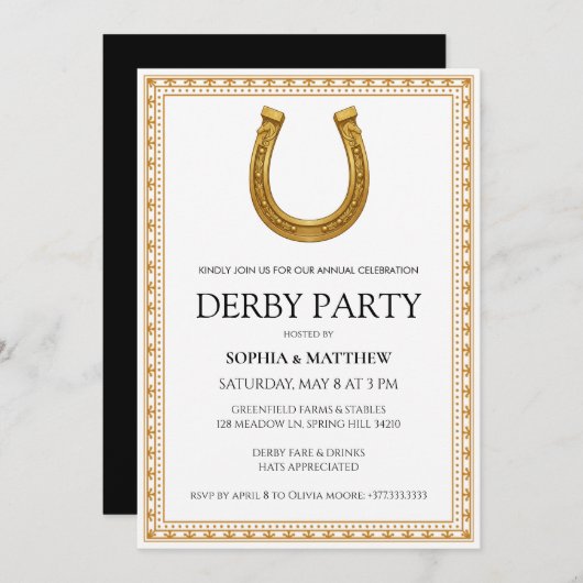 Elegant Derby Party Invitation with Gold Horseshoe 招待状 (正面/裏面)