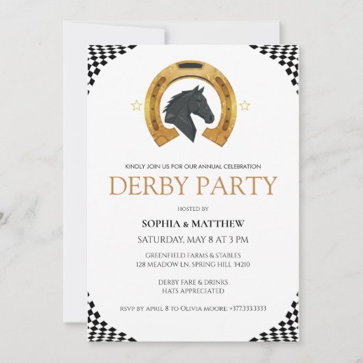 Elegant Derby Party Invitation with Gold Horseshoe 招待状 (正面)