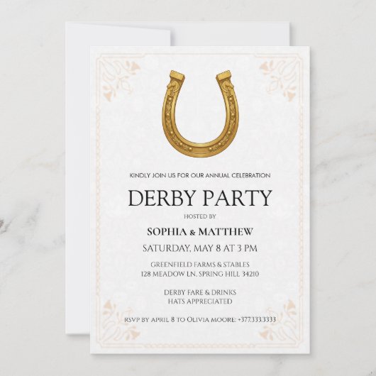 Elegant Derby Party Invitation with Gold Horseshoe 招待状 (正面)