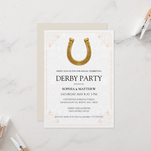 Elegant Derby Party Invitation with Gold Horseshoe 招待状 (正面/裏面インサイチュ)