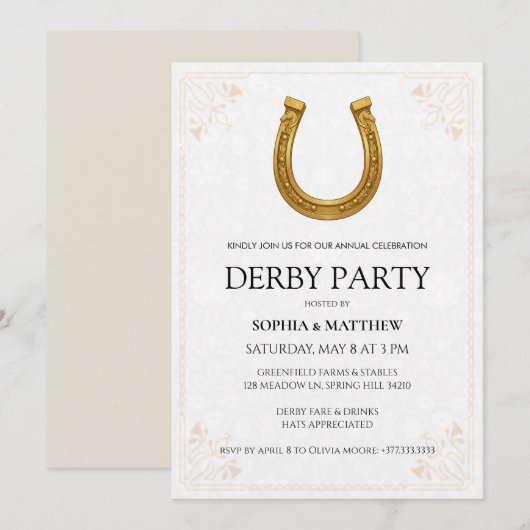 Elegant Derby Party Invitation with Gold Horseshoe 招待状 (正面/裏面)