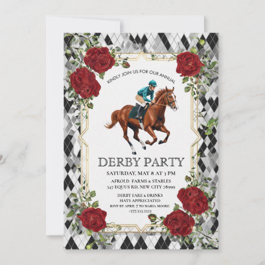 Elegant Derby Party Invitation with Horse Racing I 招待状 (正面)