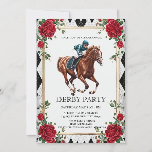 Elegant Derby Party Invitation with Horse Racing I 招待状 (正面)