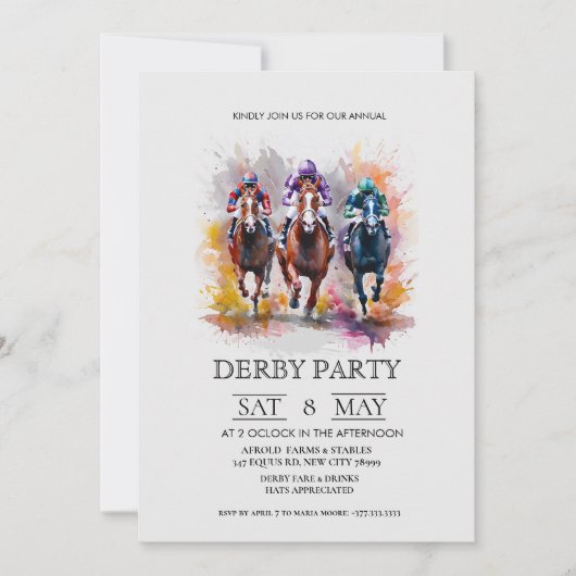 Elegant Derby Party Invitation with Horse Racing I 招待状 (正面)