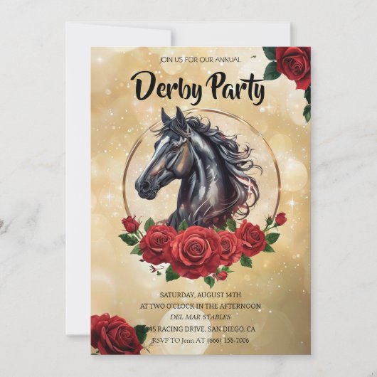 Elegant Derby Party Invitation with Roses and Hors 招待状 (正面)