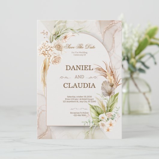 Elegant Desert Chic Pampas & Palm Wedding Invitati 招待状 (スタンド正面)