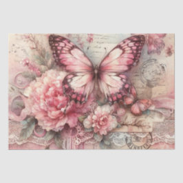 Elegant Distressed Pink Vintage Floral Butterfly  薄葉紙