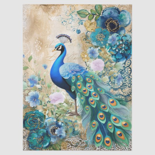 Elegant Distressed Teal Blue Florals & Peacock 薄葉紙 (正面)