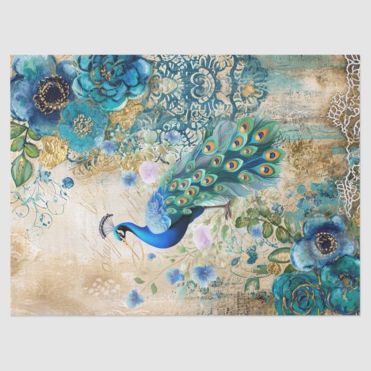 Elegant Distressed Teal Blue Florals & Peacock 薄葉紙 (正面)