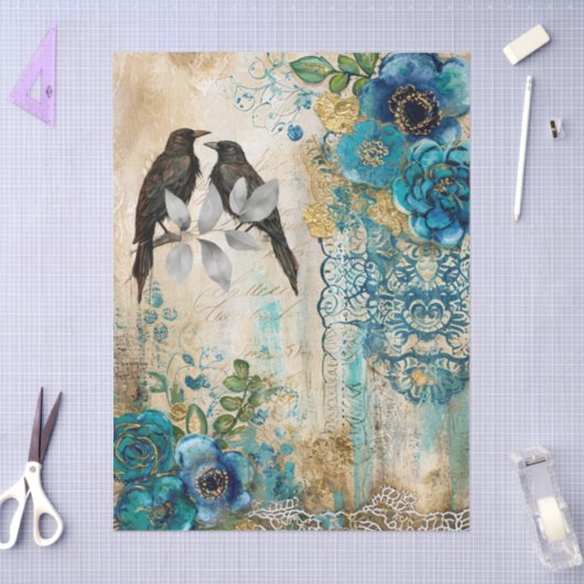 Elegant Distressed Teal Blue Gold Florals & Ravens 薄葉紙 (クラフト)