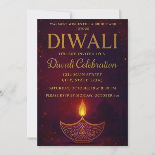 Elegant Diya & Gold Script Diwali Celebration 招待状 (正面)