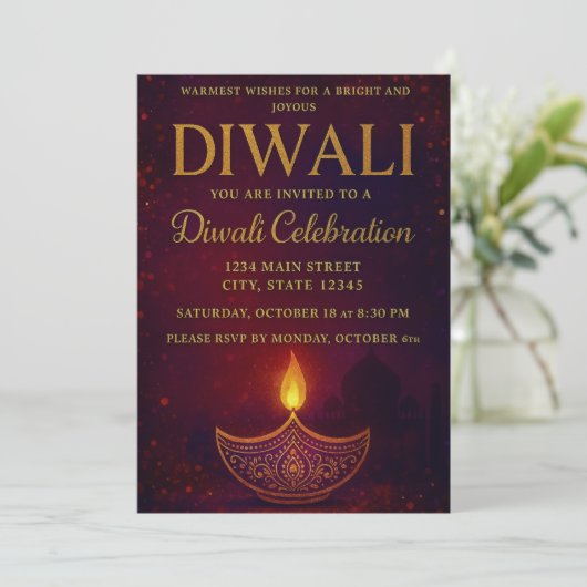 Elegant Diya & Gold Script Diwali Celebration 招待状 (スタンド正面)