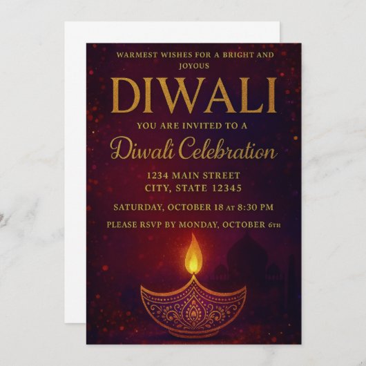 Elegant Diya & Gold Script Diwali Celebration 招待状 (正面/裏面)