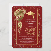 Elegant Dk Red Gold Balloons Graduation Party 招待状 (正面)