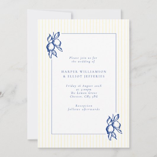 Elegant Doodle Blue Lemons & Stripes Wedding 招待状 (正面)