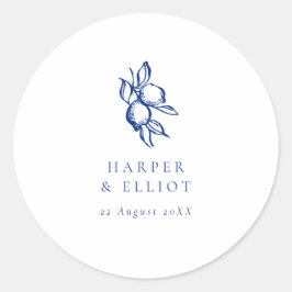 Elegant Doodle Blue Lemons Wedding Favor ラウンドシール