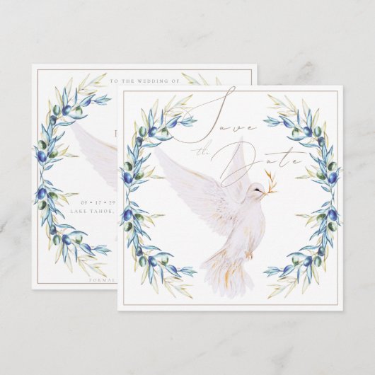 Elegant Dove & Olive Leaves Wedding Save the Date 招待状 (正面/裏面)