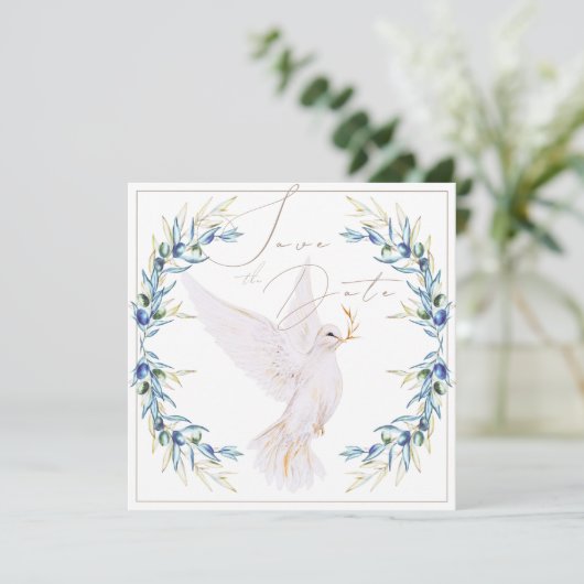 Elegant Dove & Olive Leaves Wedding Save the Date 招待状 (スタンド正面)