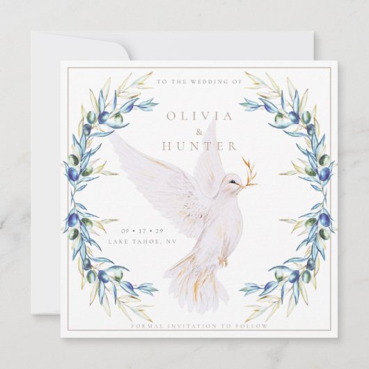 Elegant Dove & Olive Leaves Wedding Save the Date 招待状 (裏面)