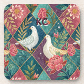 Elegant Doves Pink Floral & Gold Geometric Plastic コースター (正面)