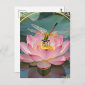 Elegant Dragonfly Pink Lotus Art Nouveau Frame ポストカード (正面/裏面)