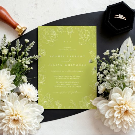 Elegant Drawn Floral Citrus Green Garden Wedding 招待状
