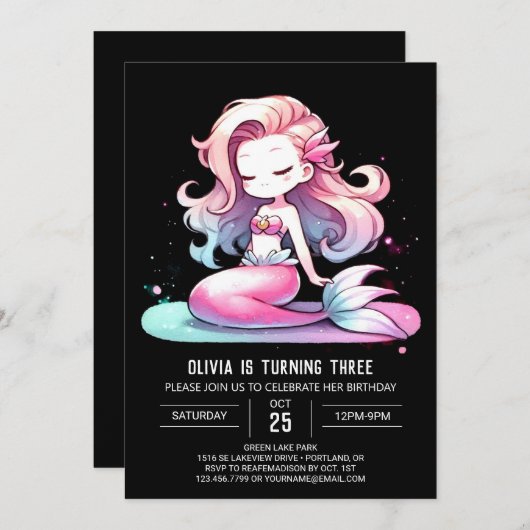 Elegant Dreamy Mermaid Birthday 招待状 (正面/裏面)