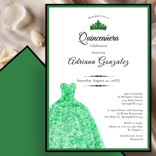 Elegant dress 15th Birthday green Quinceanera 招待状