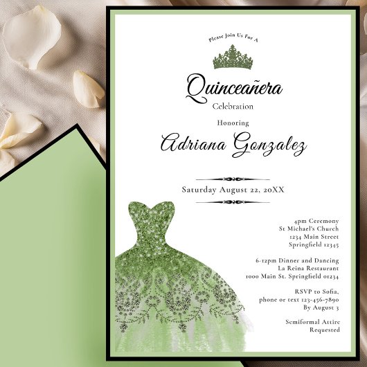 Elegant dress 15th birthday sage green Quinceanera 招待状