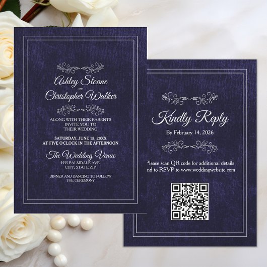 Elegant Dusty Black White QR code Wedding 招待状