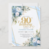 Elegant Dusty Blue 90th Birthday Floral Script  招待状 (正面)