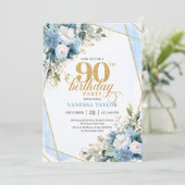 Elegant Dusty Blue 90th Birthday Floral Script  招待状 (スタンド正面)