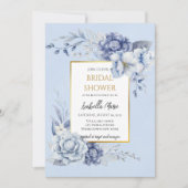 Elegant Dusty Blue and Gold Floral Bridal Shower 招待状 (正面)
