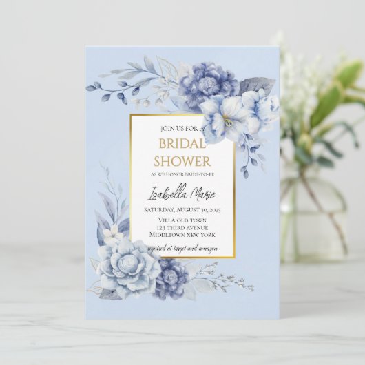 Elegant Dusty Blue and Gold Floral Bridal Shower 招待状 (スタンド正面)