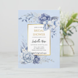 Elegant Dusty Blue and Gold Floral Bridal Shower 招待状