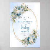 Elegant Dusty Blue Baby Shower Poster Gold Script ポスター (正面)