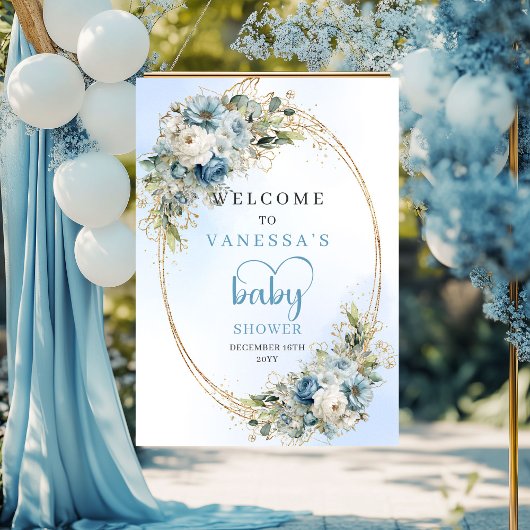 Elegant Dusty Blue Baby Shower Poster Gold Script ポスター