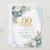 Elegant dusty blue blooms 90th birthday invite 招待状 (正面)